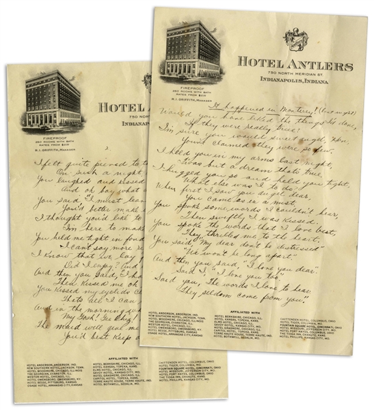 Moe Howard Handwritten Poem to His Wife, Entitled ''It happened in Monterey! (last night)'' -- 2pp. Poem on 2 Sheets of 6'' x 9.5'' Hotel Antlers Stationery From Indianapolis -- Very Good Condition